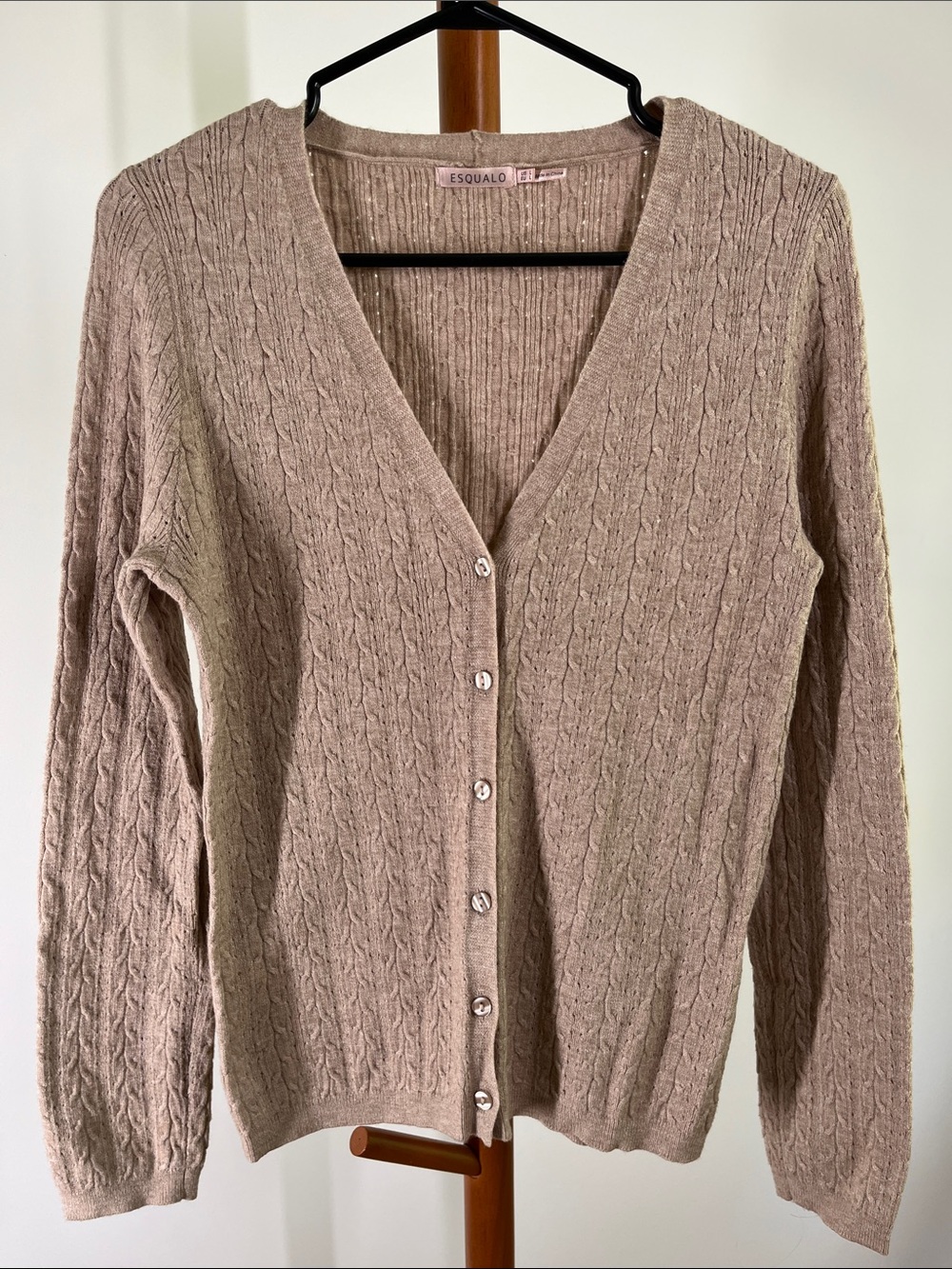 ESQUALO Taupe Cable Knit V-Neck Button Cardigan